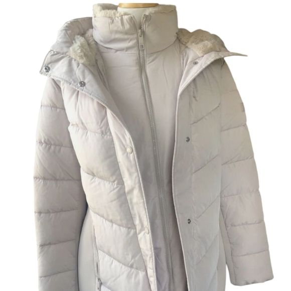 Andrew Marc cream Neutral Cozy Quilted  Faux Fur Trim Hooded Puffer Coat Sz XL - Picture 2 of 16